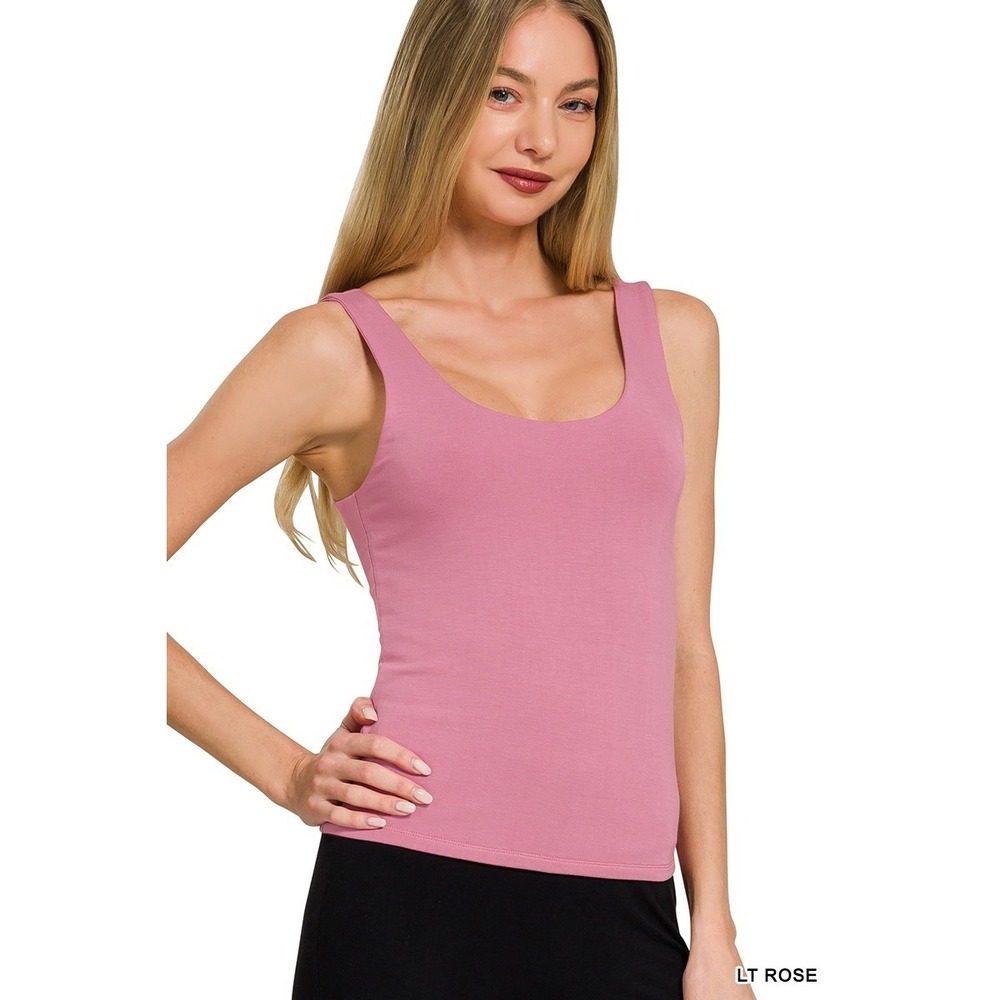 Zenana Double Layered Double Scoop Tank Top - LT Rose - Large
